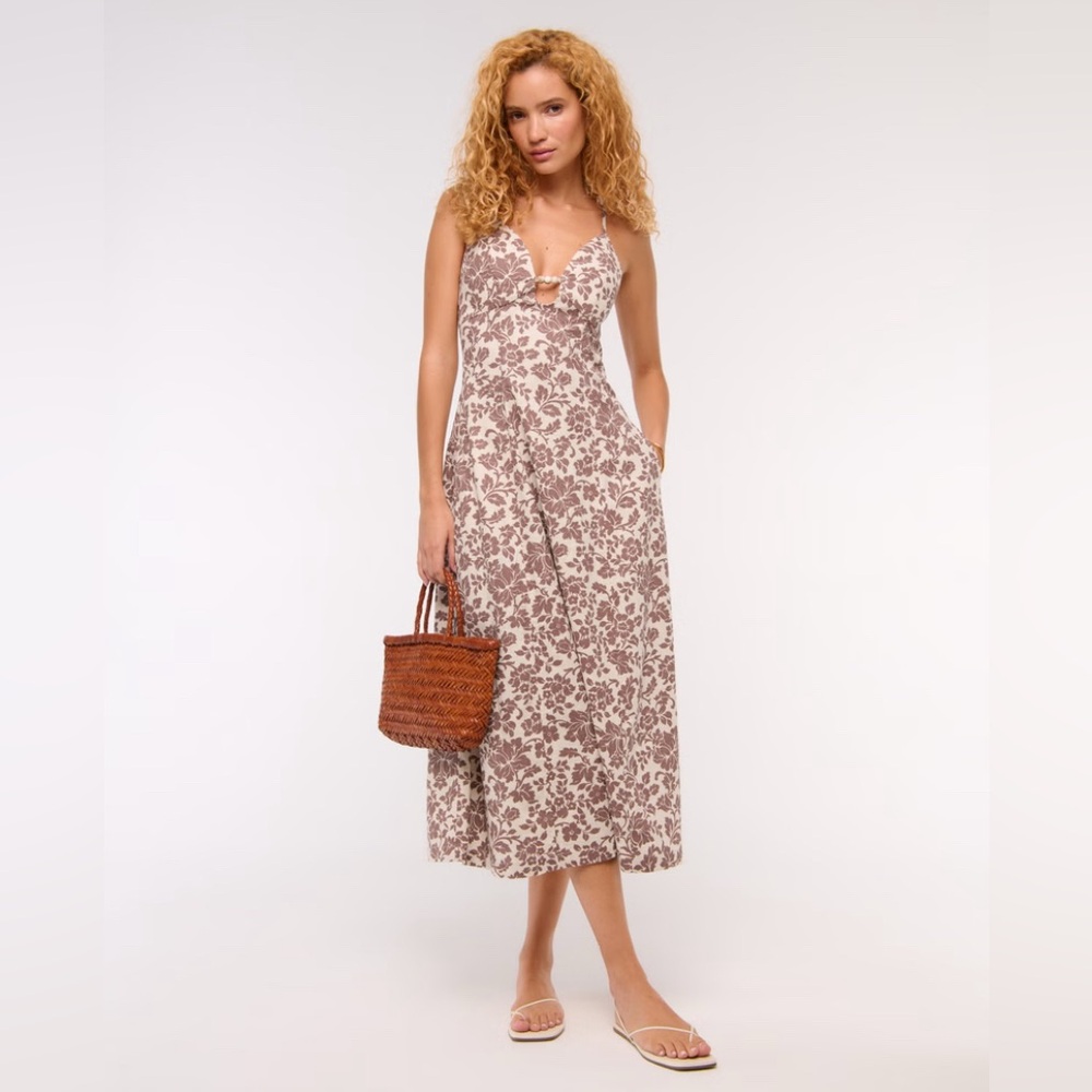 Abercrombie & Fitch Beaded Flowy Midi Dress Linen Blend Floral XLP in Mocha NWT